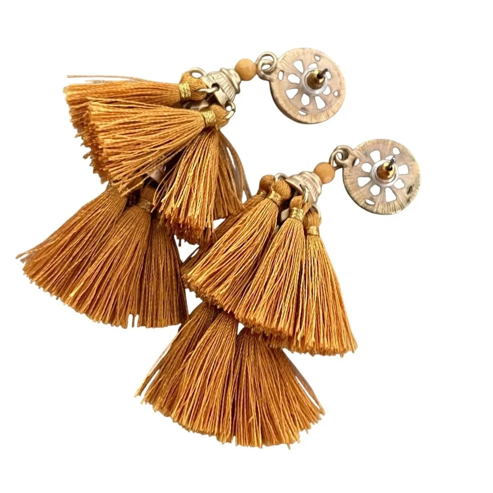 Unbranded‎ Tassel Drop Earrings Womens Mustard Yellow Boho Statement Fringe Stud